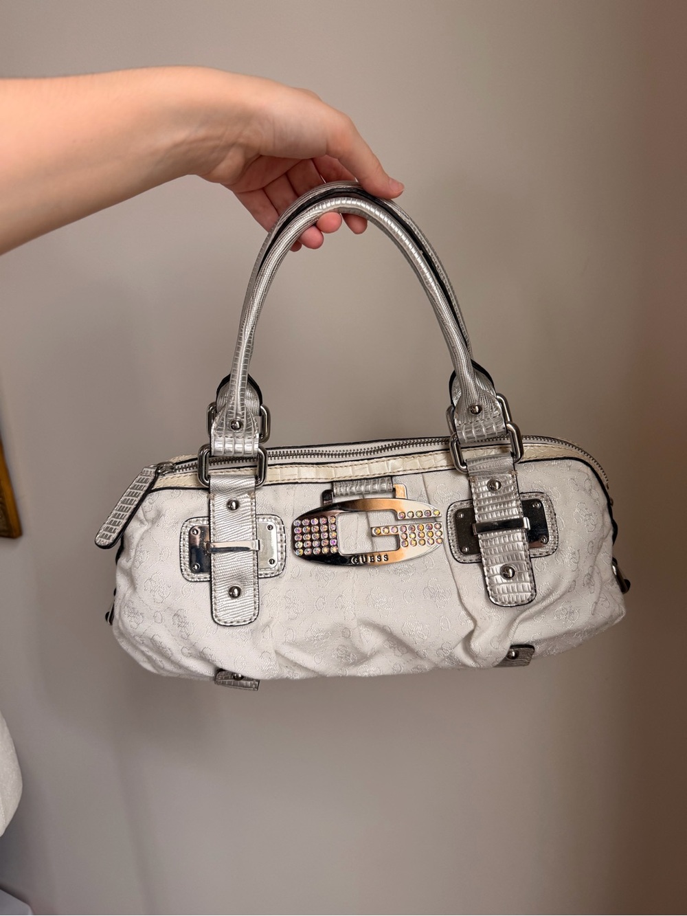 Y2K Vintage Guess White Satchel with Silver Metallic Trim and Jeweled Buckle